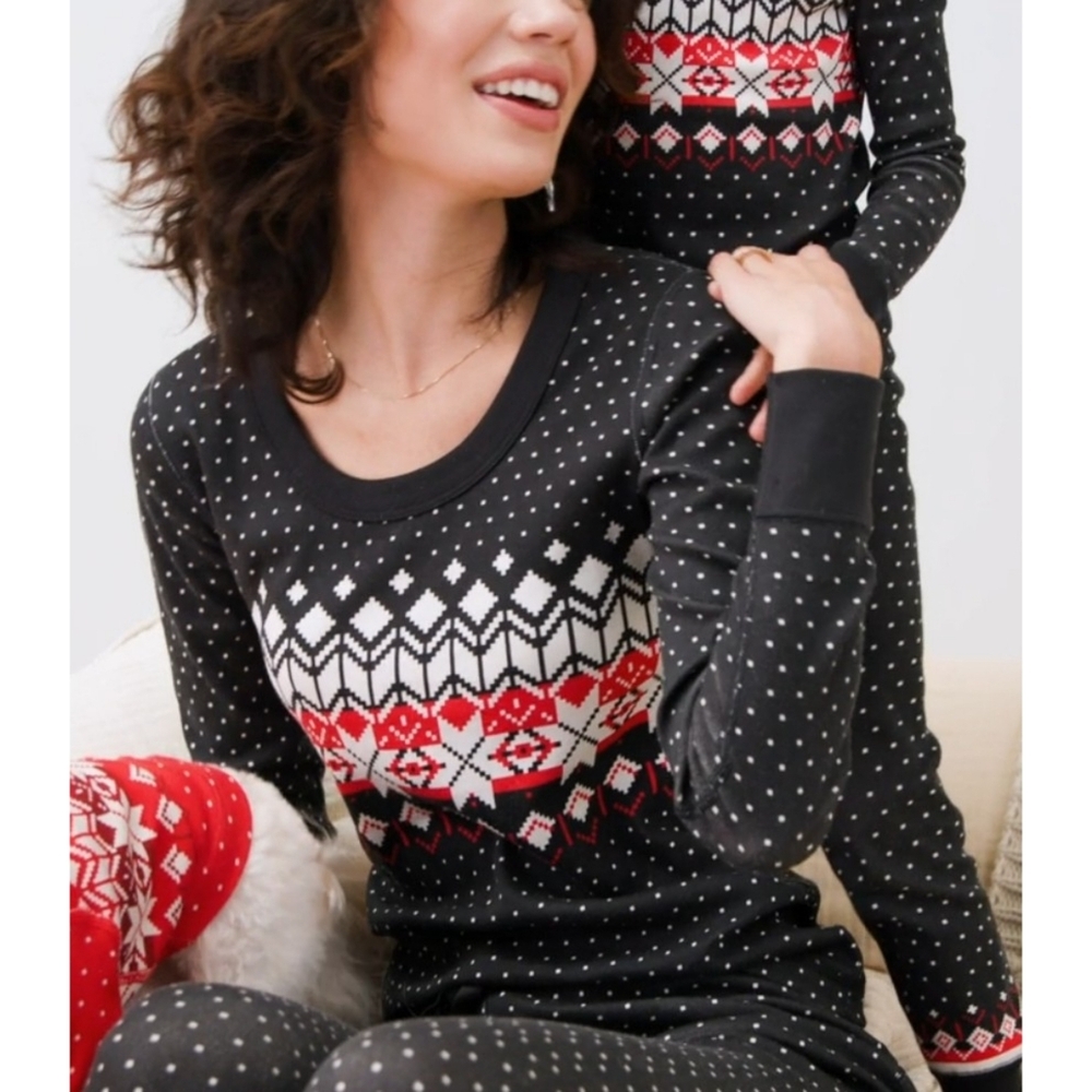 Hanna Andersson Holiday Long Johns Pajama Top Black Fair Isle Size M